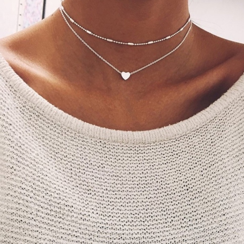 Heart Layered Choker in Silver Color